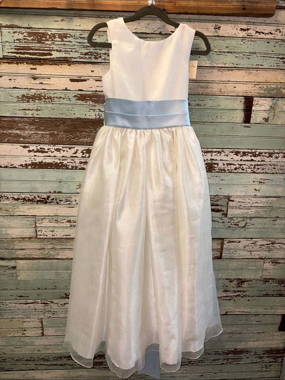 Girls White Satin Organza Dress with Light Blue Sash